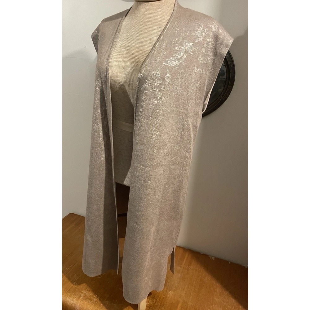 Chicos Camel Tan Gold Leaf Long Duster Vest M Luxury Shimmery Lagenlook Floral